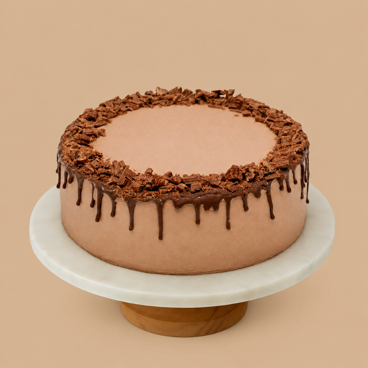 Chocolate ice cream cake with ganache drip and chocolate curls